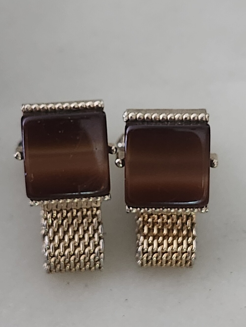 Vtg SWANK Gold Tone Mesh Wraparound Band Brown Square Stone Cufflinks